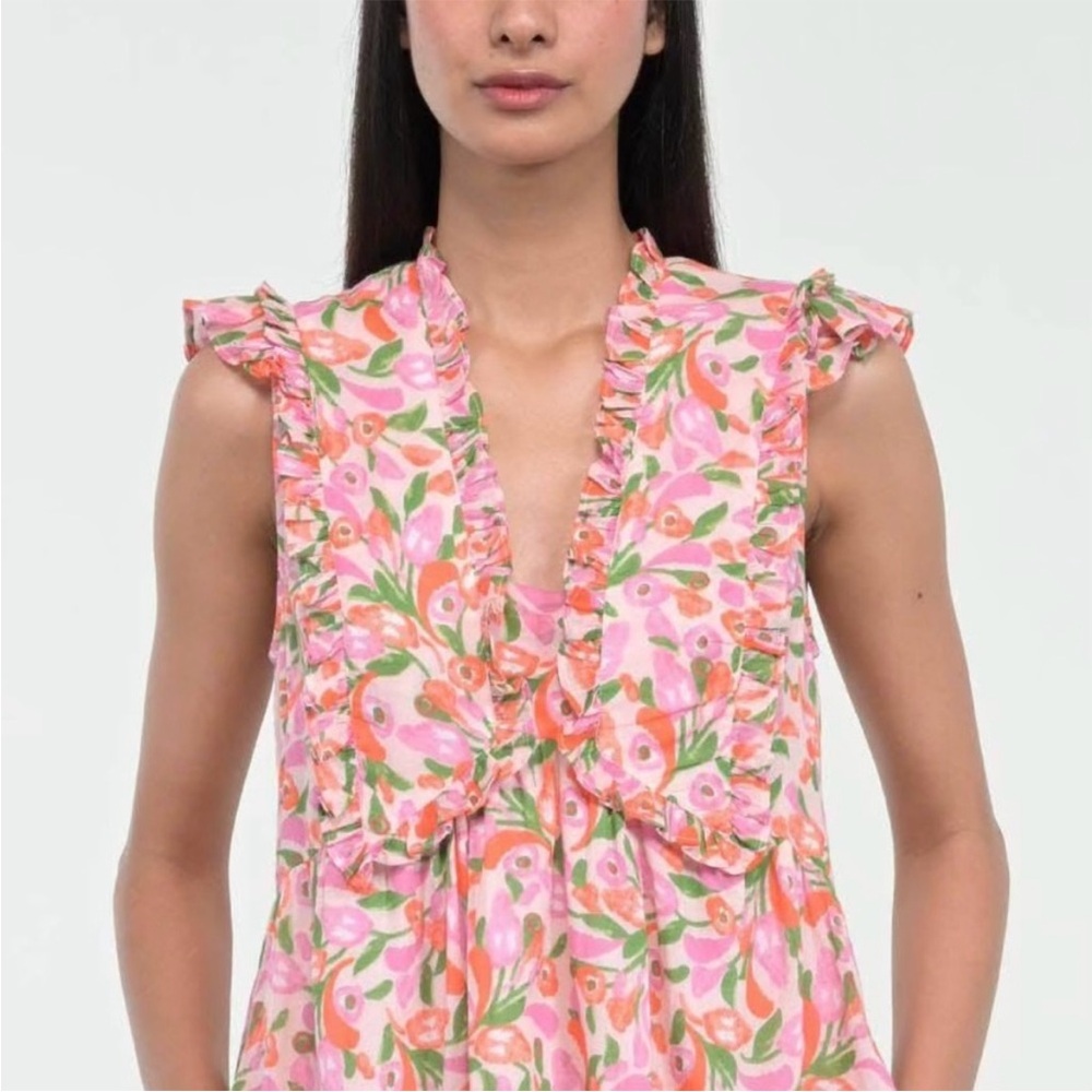 Banjanan Pink Green Floral Ellian Dress Flutter Cap Sleeve Size Small - Picture 5 of 12
